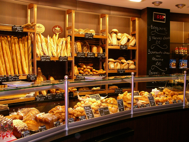 Different breads and pastries at a bakery.