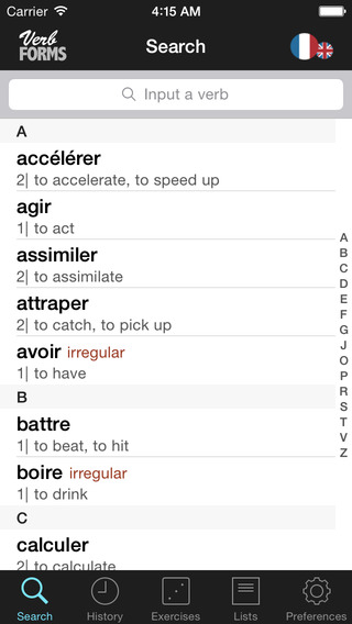 Verb Forms on iPhone.